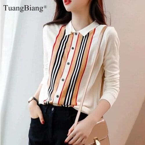 Exquisite Striped Color Women Single Breasted Cardigan 2021 Long Sleeve Turn-Down Collar Knit Clothes Autumn White Loose Sweater