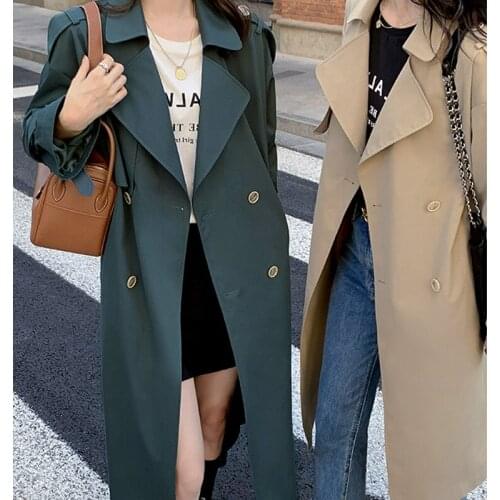 2021 Stylish Women Belt Design Long Trench Spring Autumn Full Sleeve Retro Streetwear Coats Baggy Outwear