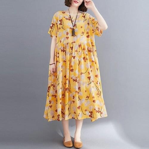 Oversized Women Cotton Linen Long Dress New Arrival 2021 Summer Arts Style Vintage Print Loose Female Casual Dresses S3248