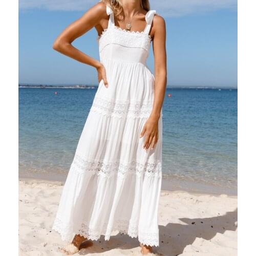 Boho Summer White Beach Dress Women Straps Lace Up Maxi Sundress Holiday Lady Lace Trim High Waist Long Dress A-Line Lady