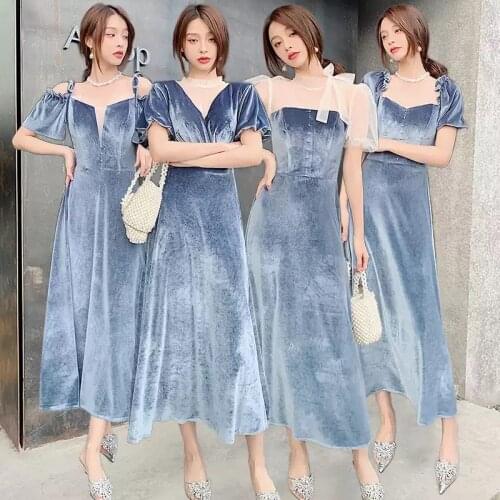 Bridesmaids Dresses Vintage Short V-Neck Pearls Jersey Floor-Length Off The Shoulder Luxury Blue Women Wedding Party Gown E599