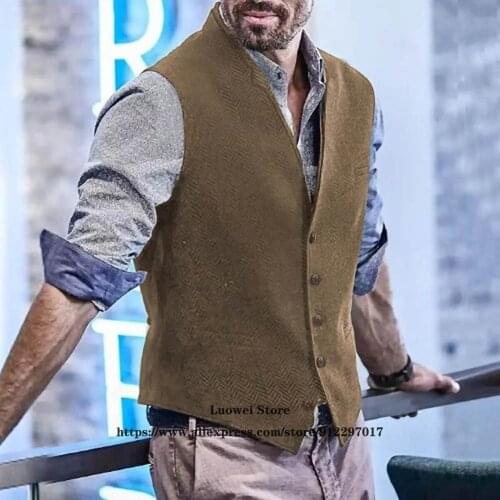 Mens Suits Vests Tweed Suit Vest Jacket Steampunk Herringbone Formal Business Waistcoat Groomsmen Vests for Wedding Homme Gilet
