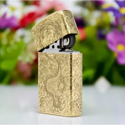 ZORRO Five Side Engraving Etching Creative Narrow Machine "XiangYun Double Dragon" Pure Copper Kerosene Lighter