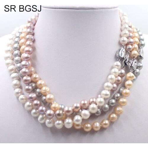 Free Shipping 8-9mm White Pink Purple Gray Round Cultured Ntural Pearl Beaded Women Choker Pearl Necklace 19"
