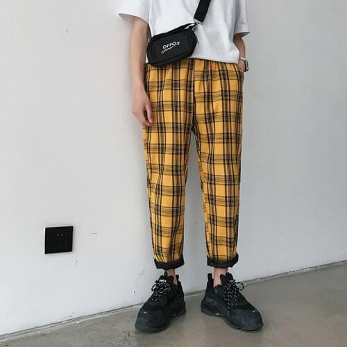 Hip Hop Yellow Black Plaid Slim Fit Mens Pants 2020 Korean Men Casual Harem Pants Hip Hop Joggers Unisex Streetwear Pants