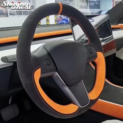 Shining wheat Hand-stitched Black Alcantara Steering Wheel Cover for Tesla model 3