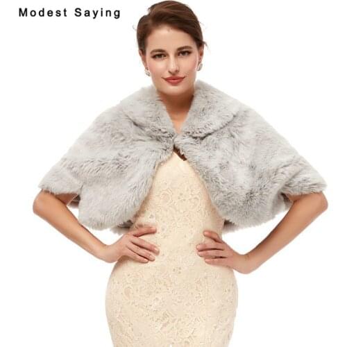 Elegant Silver Evening Party Faux Fur Jackets 2020 New Arrival Formal Boleros Stoles Prom Warm Wraps Shawls Wedding Accessories