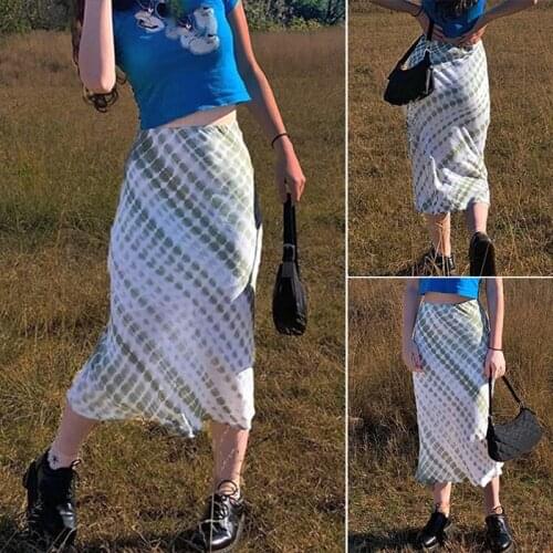 Kili Harajuku E-Girl 90S Fashion Midi Skirt Green Printed Y2K Vintage High Waits Skirts Fall Women Streetwear Indie Outfit
