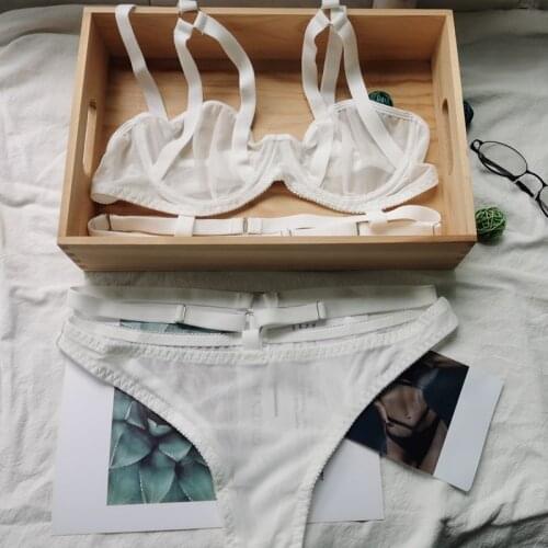 Sexy Ultra-thin Transparent Half Cup Mesh Bandage Bra and Briefs Set Underwear with Push Up Women Lingerie White Red Black