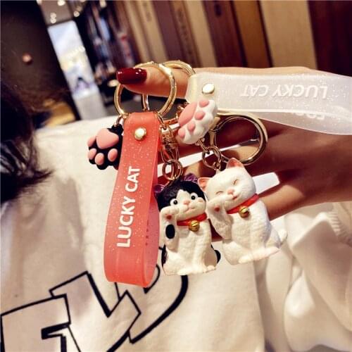 For Women cute lucky cat keychains Cartoon kitten doll Key chain with Lanyard Kids toy Car Pendant bag Key ring girl llaveros