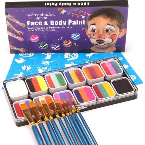 Halloween Makeup Professional Rainbow Face Body Paint Kit Water Based Unicorn Stroke Split Cakes Palette with 10 Brushes