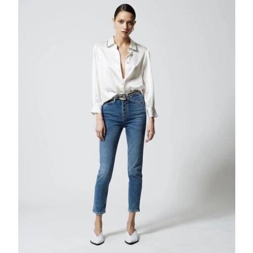 TK autumn and winter new simple metal breasted Leggings washed high waist slim stretch quarter jeans