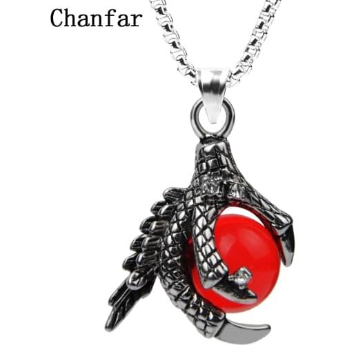 Chanfar Classic Dragon Claw Stainless Steel Necklace Punk Red Crystal Ball Pendant Necklace For Men Fashion Jewelry