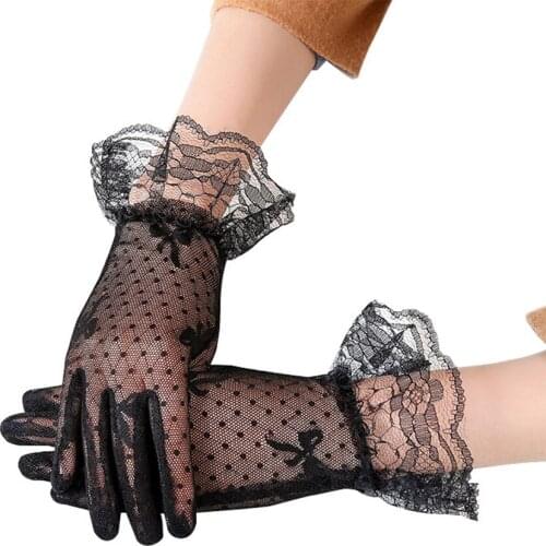 New Fashion White Lace Bow Tulle Mittens Gloves See Through Full Finger Short Gloves Gothic Punk Black Mesh Gloves