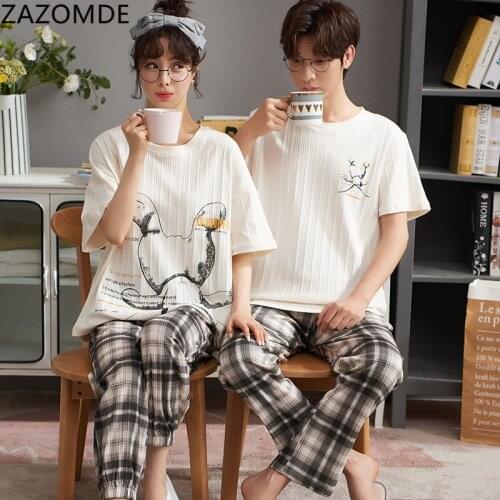 NIGHTWA Summer Print Cotton Couple Pajamas Set Cartoon O-Neck Nightwear Female Casual Sleepwear Girls Underwear Loungwear