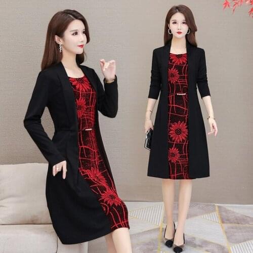 2021 Spring autumn women dress casual vintage flowers dress women long sleeve office ladies work midi dress fake two pieces