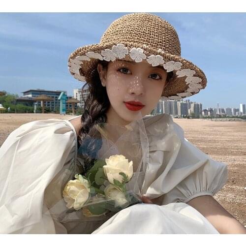 Ladies Straw Hat Summer Seaside Vacation Fashion Foldable Sun Caps Small Flowers Straw Hand-woven Big Eaves Fisherman Cap