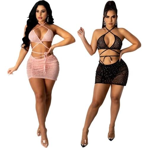2021 Sexy 2 Piece Set Bling Rhinestones Sheer Mesh Ruched Mini Skirts Club Outfits Women Summer Clothing Teen Bodysuit