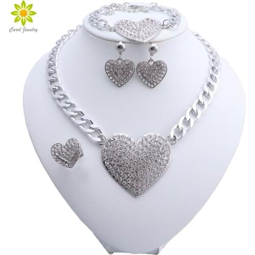 Wedding Jewelry Sets Crystal Heart Shaped Pendant Bridal African Silver Plated Necklace Earrings Bracelet Ring Sets