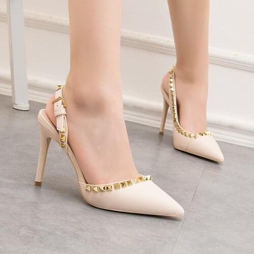 Pumps Women Shoes Escarpins Sexy Hauts Talons Nude Heels Woman Back Strap Sandals Rivet Point toe Office Ladies Shoes 10CM