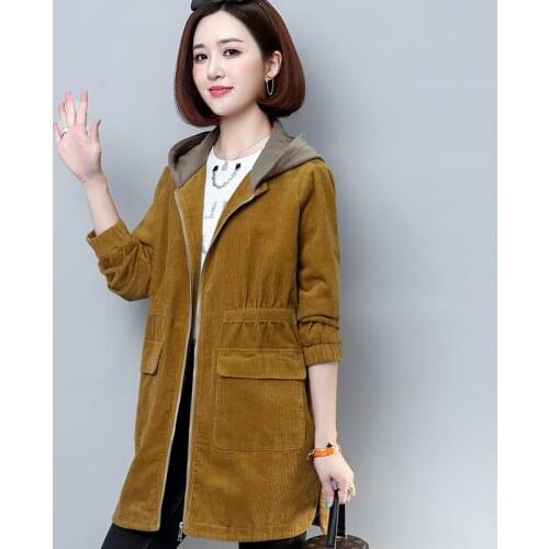 Middle-aged mother Corduroy Trench Coat Autumn Winter 2021 New Loose Temperament Long Outwear Hooded Casual Female Windbreaker