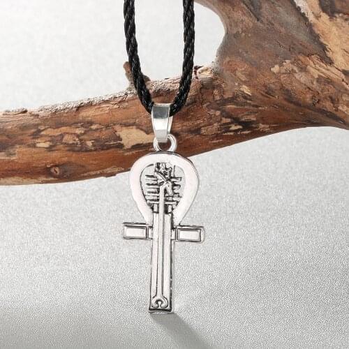 QIAMNI Mens Vintage Egyptian Ankh Key Of Life Cross Necklaces Pendant Religious Norse Viking Amulet Rope Chain Choker Jewelry
