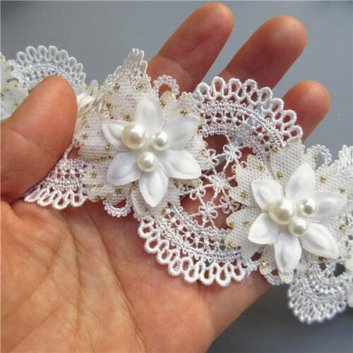 10x 6*5cm White Polyester Pearl Flowers Embroidered Lace Trim Ribbon Applique DIY Manual Sewing Supplies Craft Decoration