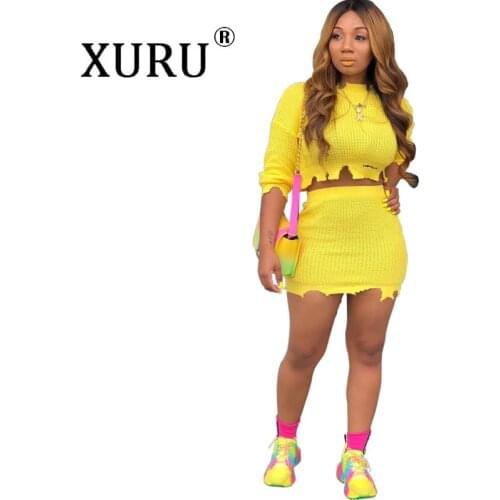 XURU Classic Sexy Openwork Round Neck Long Sleeve Short Sweater Dress Two-Piece Autumn Casual Sweater Dress Set