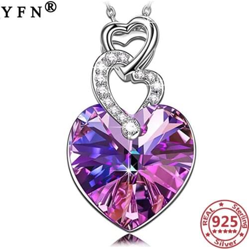 YFN 925 Sterling Silver Heart Necklaces Crystal Zircon Necklaces Pendants Silver Chain 925 Womens Jewelry Valentines Day Gifts