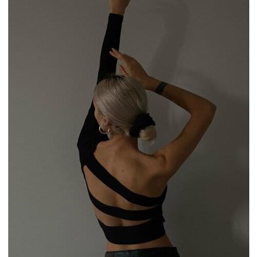 One Shoulder Slope Neckline T Shirt Sexy Backless Bandage Long Sleeve Womens Tshirt Black Crop Top 2021 New Y2K 90S Clothes