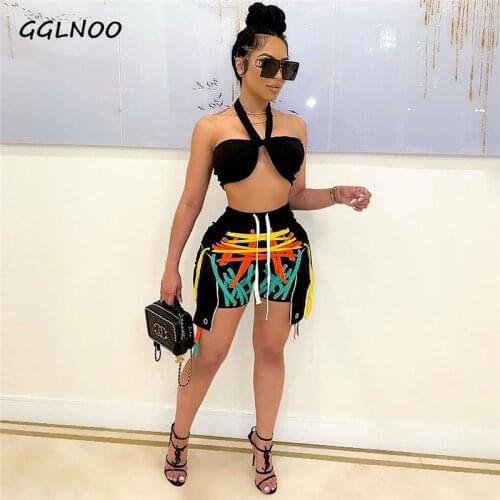 GGLNOO Women Set Bandage Halter Crop Tops Colorful Draw String Skinny Shorts Two 2 Piece Sets Fashion Outfit Summer Tracksuit
