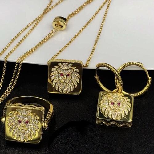 Top Quality Fashion Square Pave AAA+ Zirconia Lion Evert Signet Sterling Silver Rings Necklace Earrings Sets For Women Jewelry