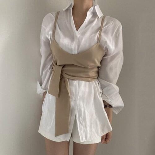 Autumn Two Piece Set Women Outfits Single Breasted Long Sleeve White Blouses and Spaghetti Strap Crop Tops 2 Piece Set