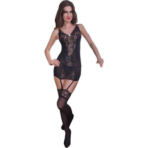Sexy Woman Back Lace See Through Chemise Dress with Satin Bow Garter Belt Thigh High Stockings Babydoll Lingerie Set