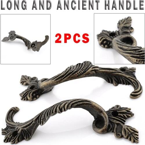2pcs Bronze Striped Carved Leaves Handles For Drawer Door Jewelry Box Cabinet Vintage Cupboard Pulls Hardware