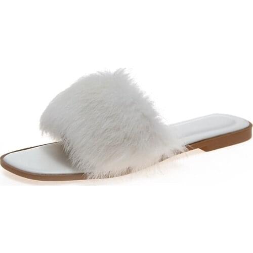 2020 fuzzy Slippers Women Furry Sliders sandal Plush Furry Summer Flats Sweet Ladies Shoes Size