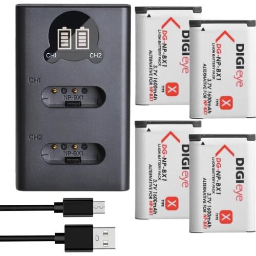 4Pcs NP-BX1 NPBX1 NP BX1 Battery + LCD Dual Charger with Type C for Sony DSC RX1 RX100 X3000 AS10 AS50 AS300 HX300 HX400 WX300