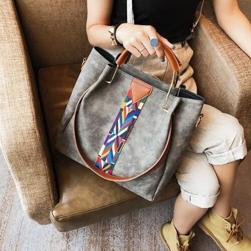 Large PU Ladies Leather Shoulder Bag Simple Ribbon Bucket Type Portable Single Shoulder Bag Two-Piece Frosted Fabric Bag