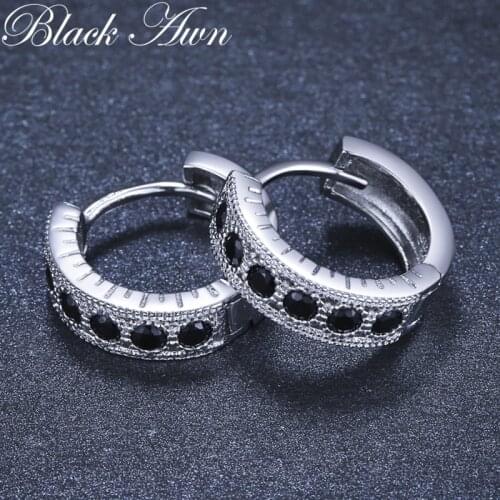 Black Awn 2021 New Classic 925 Sterling Silver Round Black Trendy Spinel Engagement Hoop Earrings for Women Fine Jewelry I182