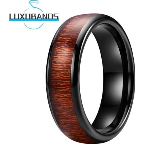 Black Tungsten Rings 6MM For Women Men Wedding Engagement Domed Bands Wood Inlay Polished Finished Comfort Fit
