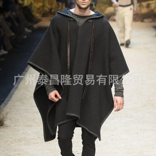 European and American mens loose casual solid color cloak shawl windbreaker woolen coat coat