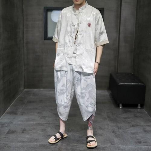 M-5XL High Quality Thin Summer Set Men Shirt Slim Short Sleeved Dragon Printed Casual Traditional Chinese Type Pants Sets XXXXXL