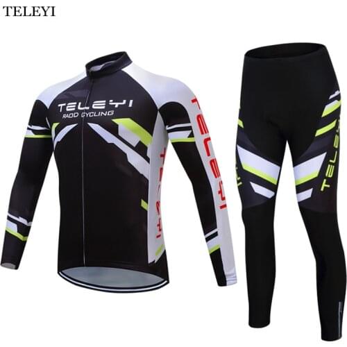TELEYI Pro Mens Clothing Set Maillot Ropa Ciclismo MTB Bike Bicycle Cycling Long Sleeve Jersey & Bib Pants Suit Black
