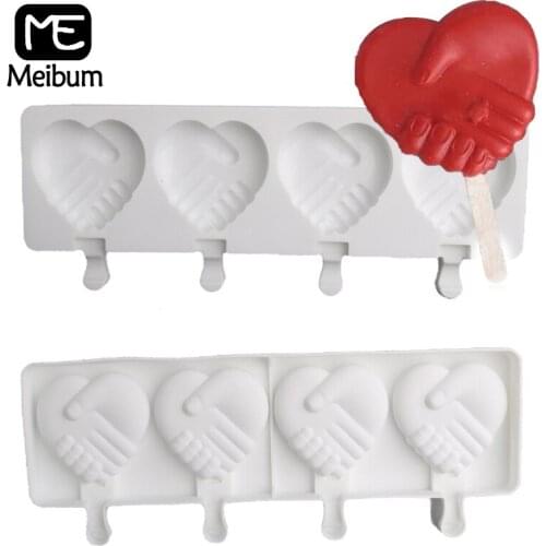 Meibum Summer Ice Cube Tray 4 Cavity Heart Design Ice Cream Mold Freezer Juice Tools Silicone Popsicle Mould and 50 Pcs Sticks
