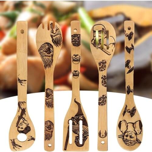 5PCS Halloween Bamboo Wood Wok Shovels Slotted Spatula Spoon Mixing Holder Cooking Utensils Dinner Kitchen Shovels Supplies Deco