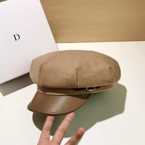 Fashion Sailor Hats For Women Winter Korean Beret Female Military Hat Cap Leather Eaves Patchwork Splicing Octagonal Hat