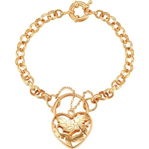XP Jewelry -- ( 21 cm x 7 mm ) Fashion O-chain Heart Lock Charm Bracelet For Women Men Jewelry Gold Plated 18K Nickel Free