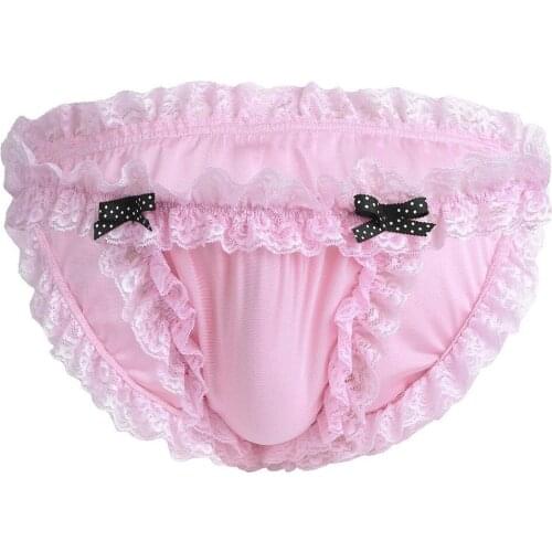 Sissy Men Lace Bow Thong Thong With Beads Mens Sexy Breathable Briefs Panties Crotch Lingerie Sexy For Sex Sports Men Pink