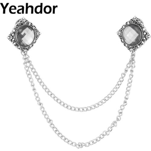 Bridesmaid Brides Wedding Fashion Crystal Detailing Blouse Shirt Collar Neck Tip Vintage Brooch Pin Lapel with Chain Tassel