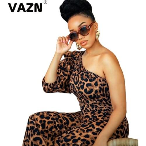 VAZN 2020 New Leopard Popular One Off Shoulder Sexy Club Untidy Fashion Half Sleeve High Waist Women Long Wide Leg Jumpsuits